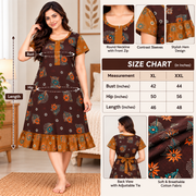 Women's brown floral cotton frock nighty with mustard contrast sleeves and front zip Size Chat