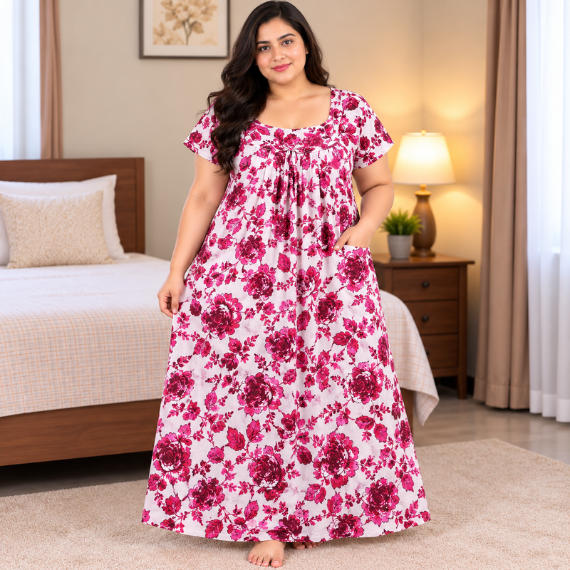 Luxmi Floral Printed Cotton Frock Nighty for Women – Pink & White Titanic Neck Nightgown