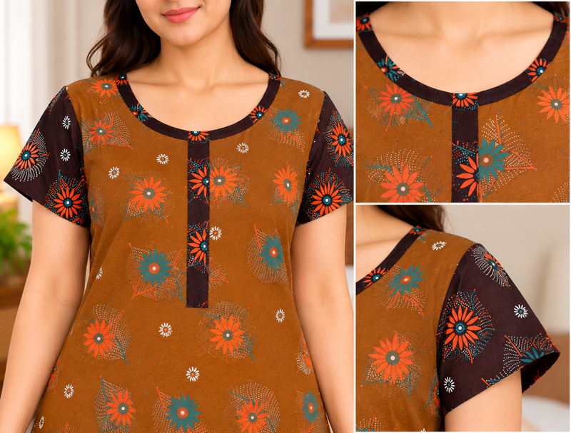 Veni’s Women's Cotton Floral Frock Nighty – Rust Brown