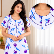 Yoga Women's Cotton Printed Nighty with Front Zip – Purple & Blue Floral Design-focus neck pipng work