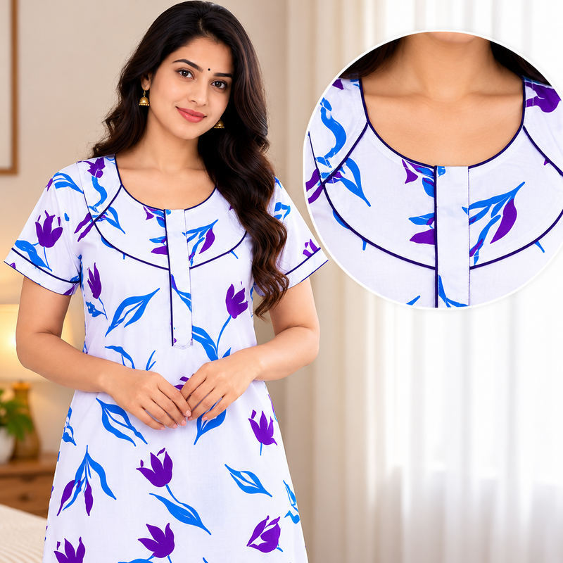 Yoga Women's Cotton Printed Nighty with Front Zip – Purple & Blue Floral Design-focus neck pipng work