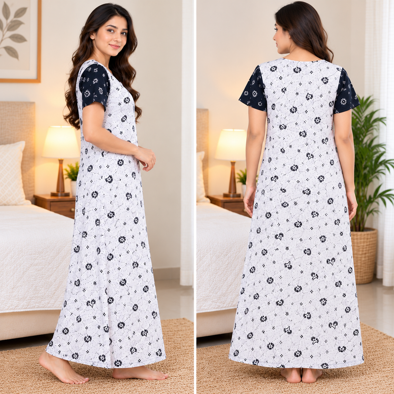 Beauty Women's Cotton Printed Nighty with Front Zip and Side Pocket – Black & White Floral Print