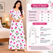 Yoga women's cotton floral printed nighty with front zip, white fabric with orange and green leaf patterns and contrast orange neckline.