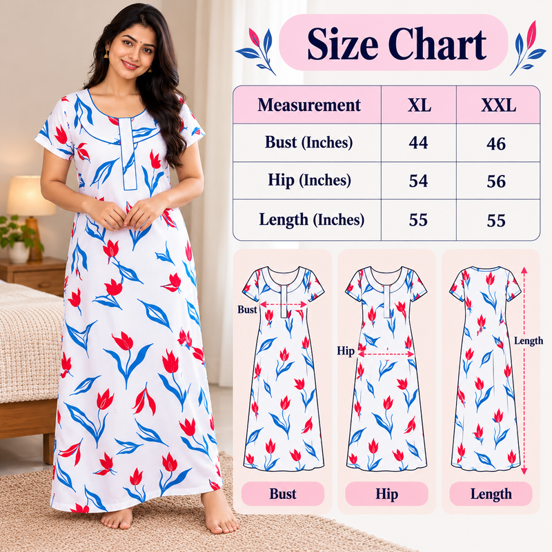 Yoga women's cotton printed nighty in red and blue-size chat