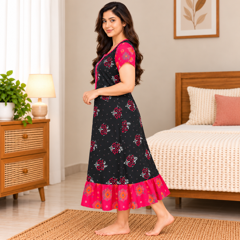 Veni’s Dark Navy Blue Cotton Frock Nighty with Front Open Zip