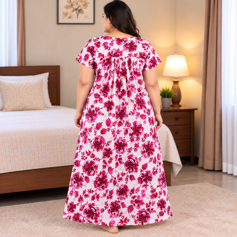 Luxmi Floral Printed Cotton Frock Nighty for Women – Pink & White Titanic Neck Nightgown