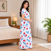 Yoga women's cotton printed nighty in red and blue, featuring a floral pattern and comfortable nightwear design.