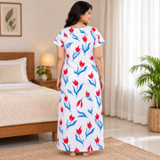 Yoga women's cotton printed nighty in red and blue, featuring a floral pattern and comfortable nightwear design.