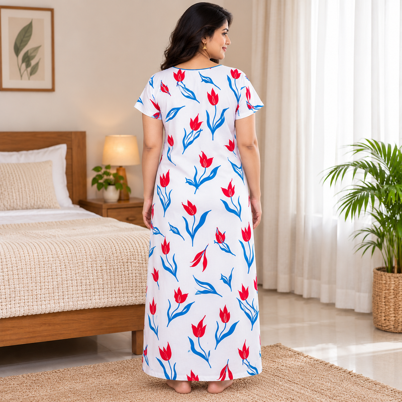 Yoga women's cotton printed nighty in red and blue, featuring a floral pattern and comfortable nightwear design.