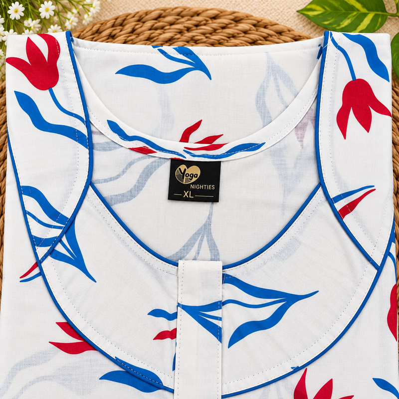 Yoga women's cotton printed nighty in red and blue, featuring a floral pattern and comfortable nightwear design.