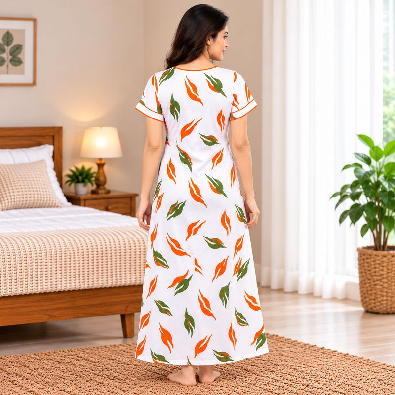 yoga-cotton-nighty-orange-green-leaf-print-back view