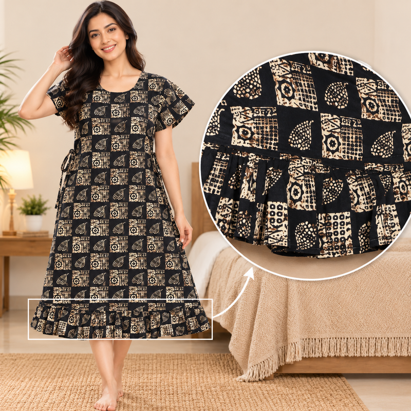 Luxmi Black & Beige Printed Cotton Frock Nighty for Women