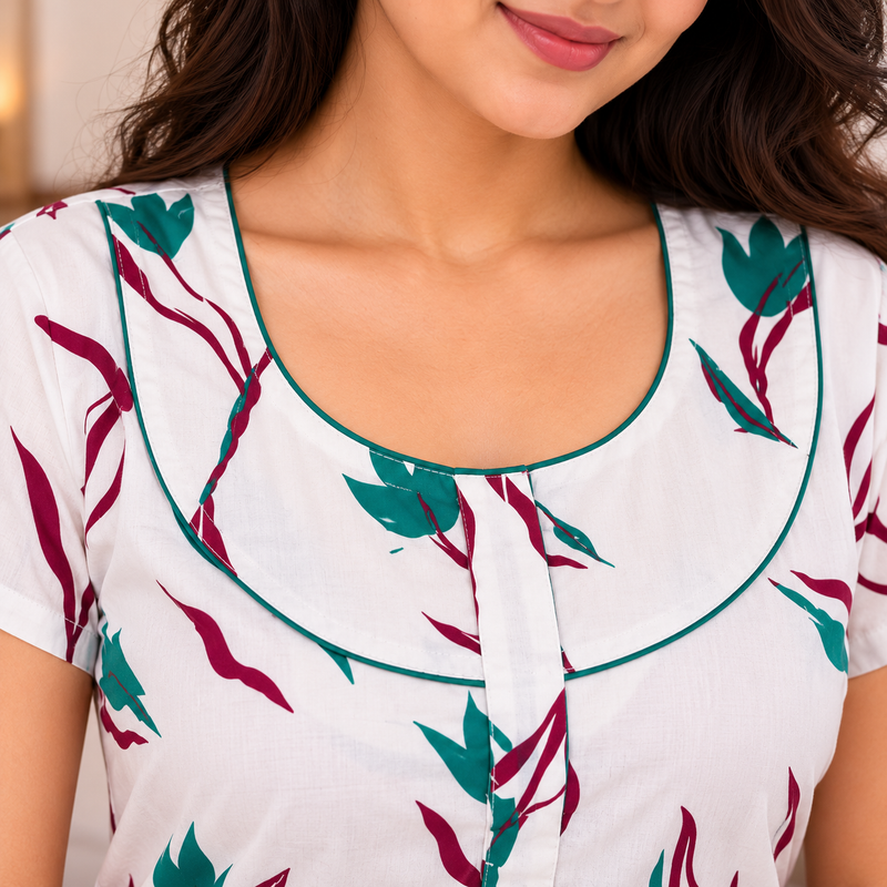 Yoga women's cotton printed nighty, comfortable and breathable cotton nightwear for women with an attractive printed design.