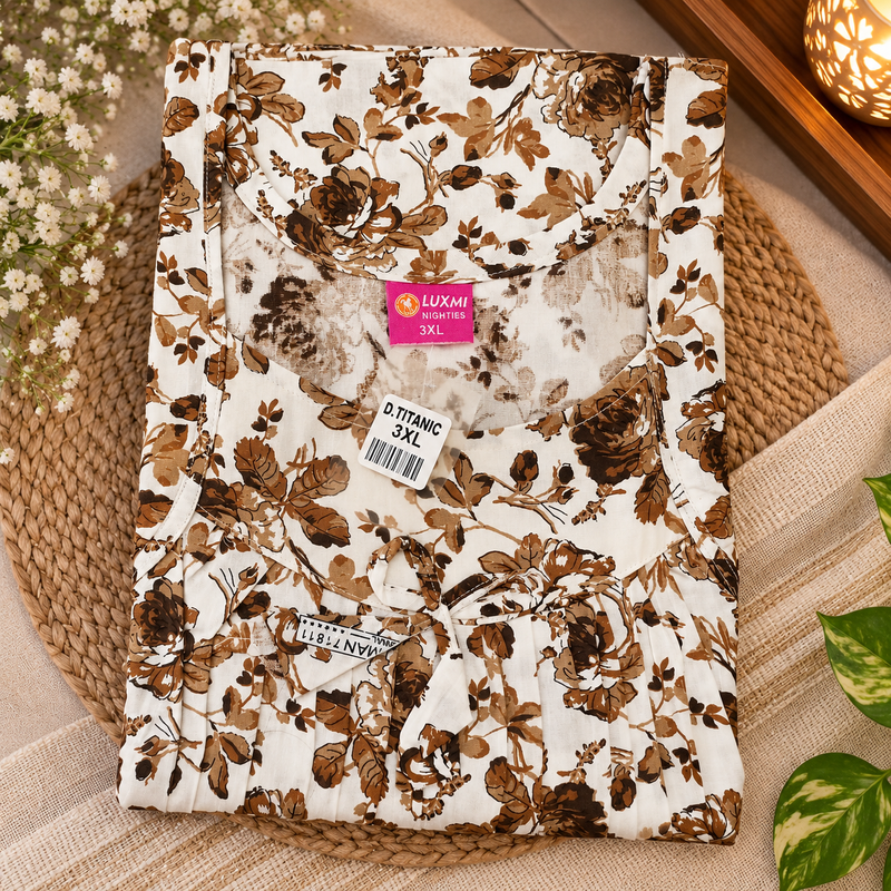 Women’s 3XL Floral Printed Frock Nighty with Titanic Neck – Full Length Nightwear