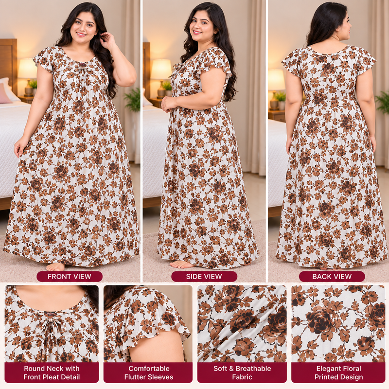 Women’s 3XL Floral Printed Frock Nighty with Titanic Neck – Full Length Nightwear