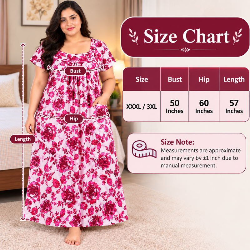 Luxmi Floral Printed Cotton Frock Nighty for Women – Pink & White Titanic Neck Nightgown