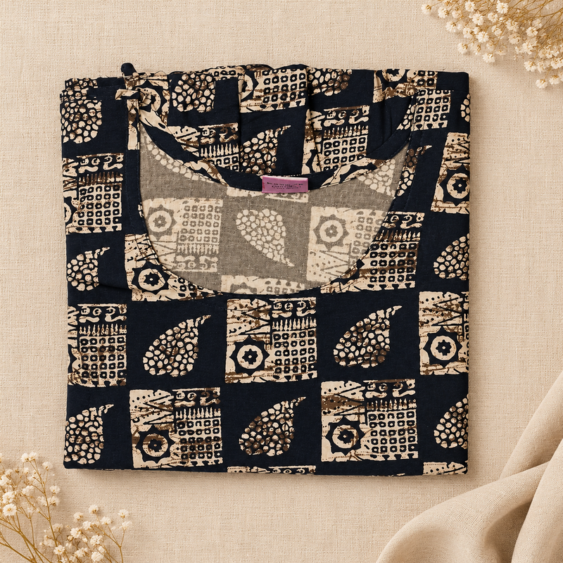 Luxmi Black & Beige Printed Cotton Frock Nighty for Women