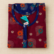 Women's maroon floral cotton frock nighty with royal-blue sleeves
