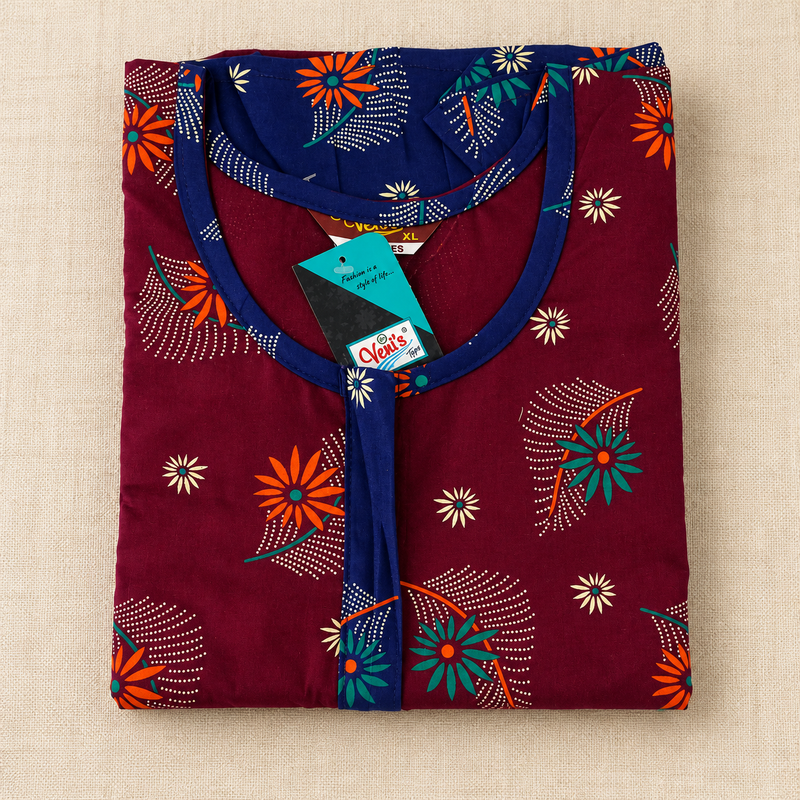 Women's maroon floral cotton frock nighty with royal-blue sleeves