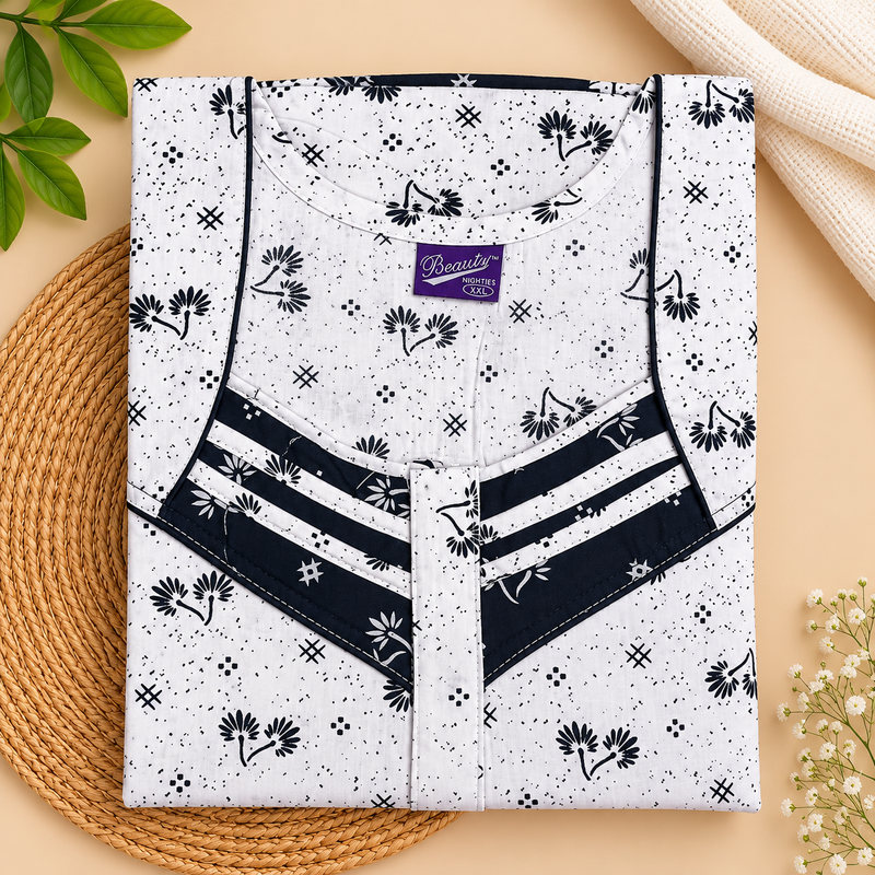Beauty Women's Cotton Printed Nighty with Front Zip and Side Pocket – Black & White Floral Print