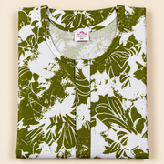 Mathan olive green and white floral printed cotton nighty for women with front zip and one side pocket