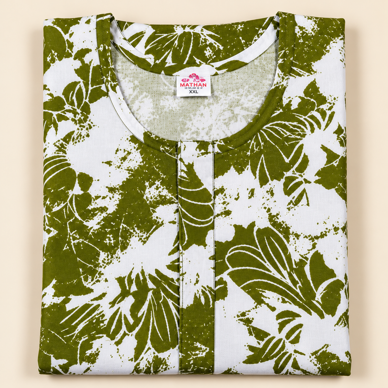 Mathan olive green and white floral printed cotton nighty for women with front zip and one side pocket