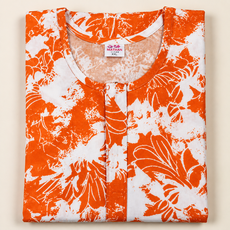 Mathan orange and white floral printed cotton nighty for women with front open zip