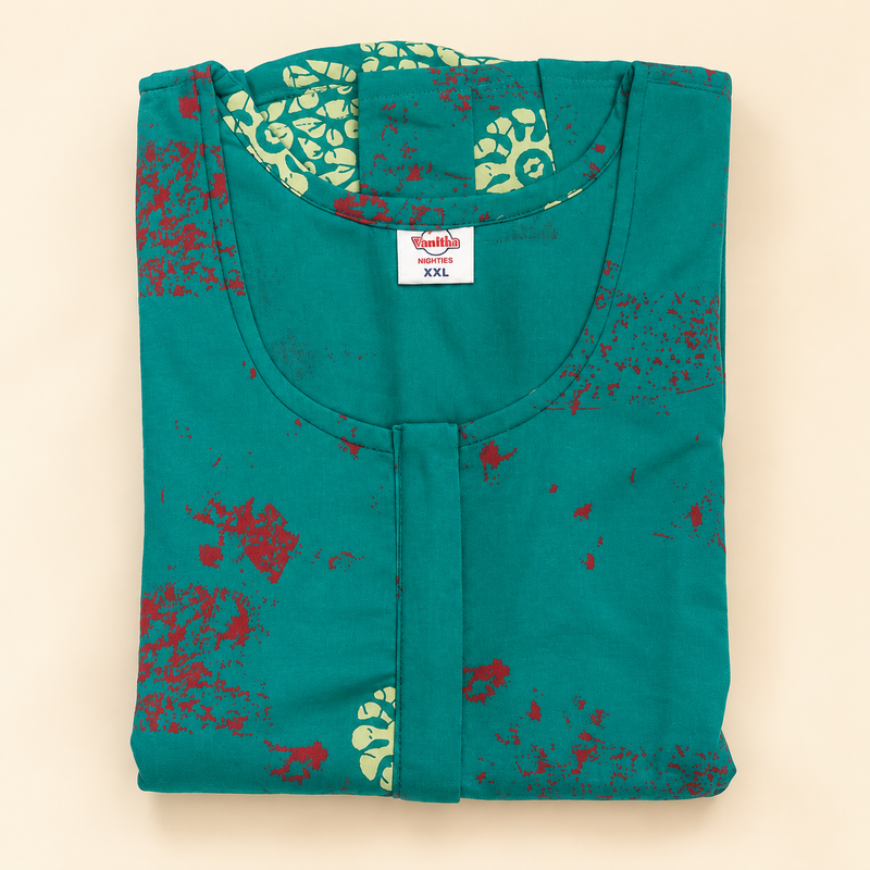Vanitha Women's Teal Green Floral Printed Cotton Frock Nighty
