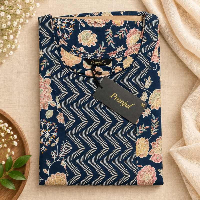 Pranjul Navy Blue Floral Printed Women's Nighty – Folded Product View