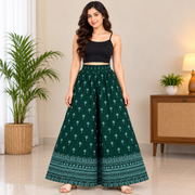 Women's Dark Green Printed Elephant Palazzo Pants with Elastic Waist-Front view