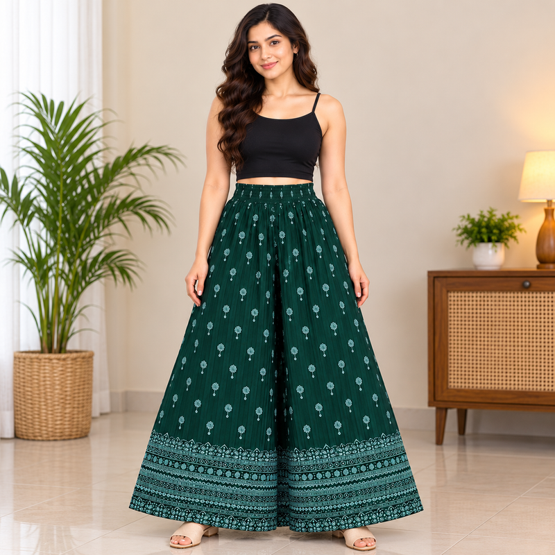 Women's Dark Green Printed Elephant Palazzo Pants with Elastic Waist-Front view