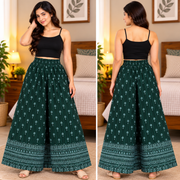 Women's Dark Green Printed Elephant Palazzo Pants with Elastic Waist