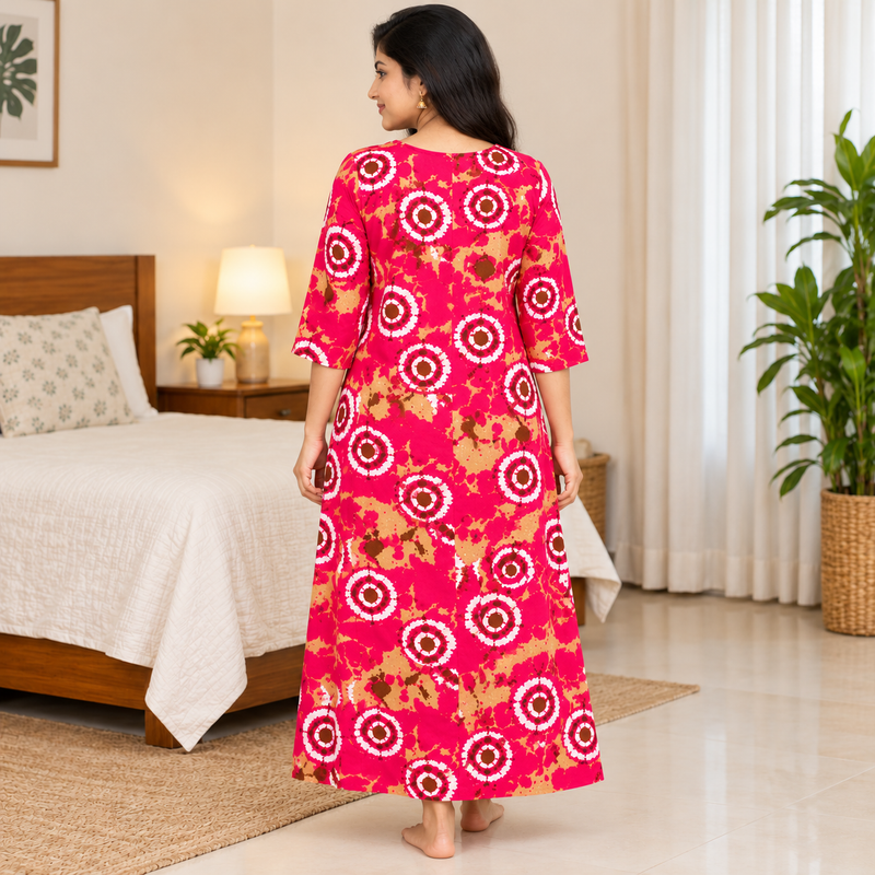 Yoga women's magenta red cotton nighty with white brown and beige circular print