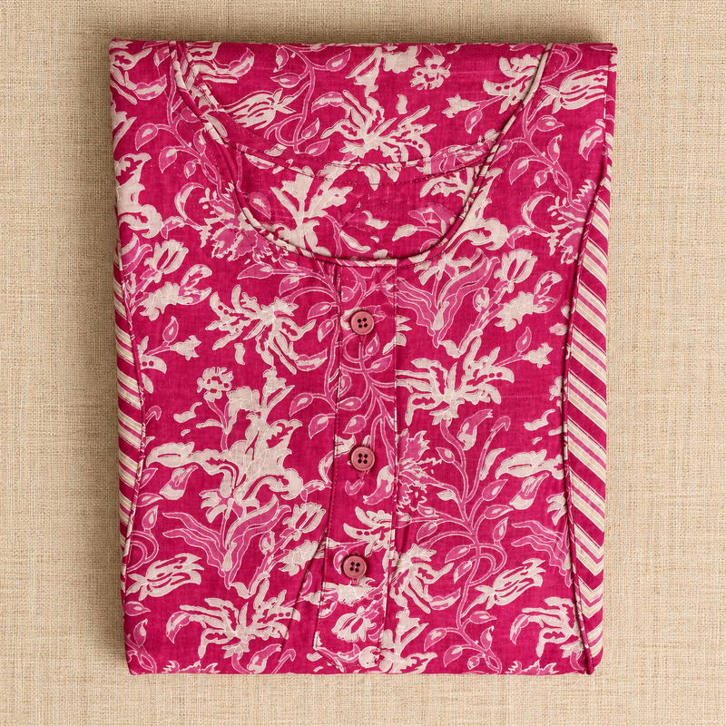 Pink Floral Printed Cotton Nighty-Folded product photo
