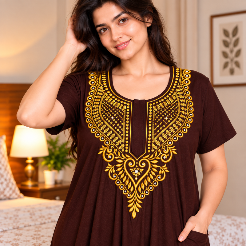 Women’s Chocolate Brown Nighty with Gold Embroidered Neckline