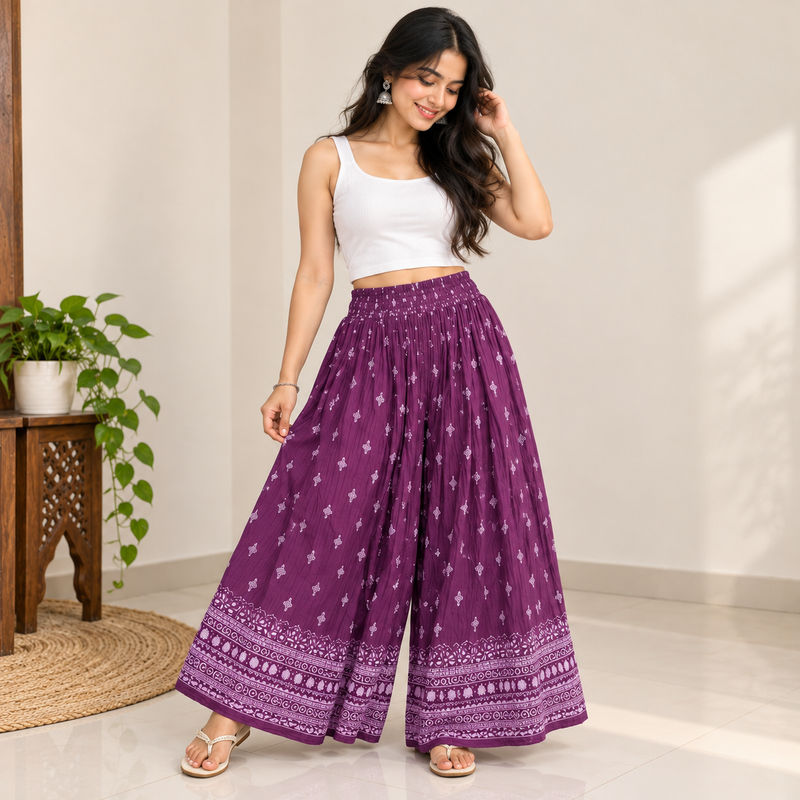 Purple printed elephant palazzo pants for women – front view