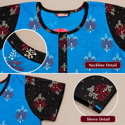 Women's blue floral cotton frock nighty with black contrast sleeves and printed frill hem-Neckline