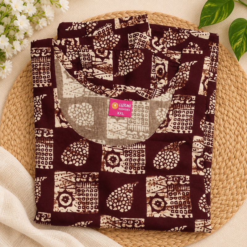 Luxmi Maroon Printed Frock Nighty for Women – Mid Length with Frill