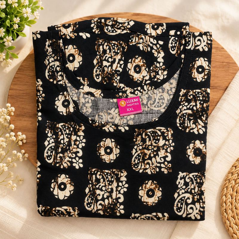 Luxmi Black Floral Printed Cotton Frock Nighty for Women