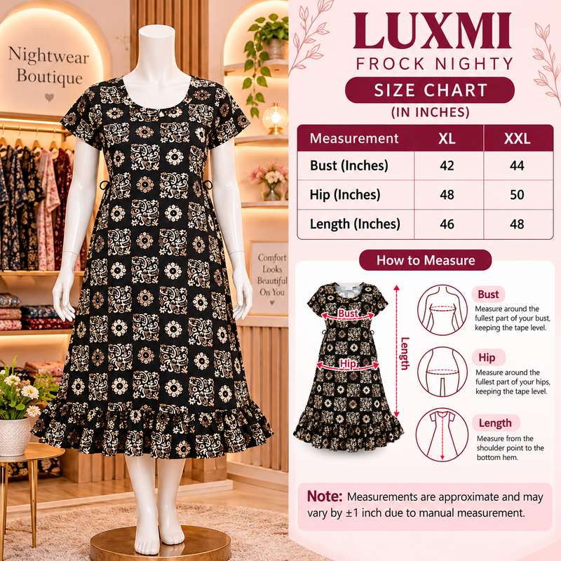 Luxmi Black Floral Printed Cotton Frock Nighty for Women