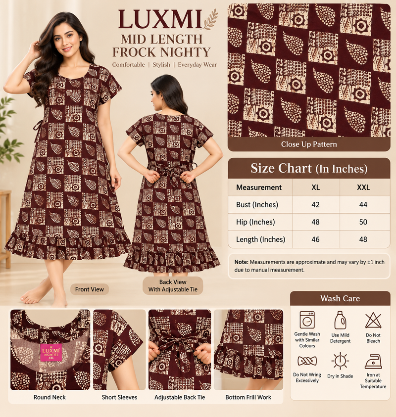 Luxmi maroon and cream printed frock nighty 