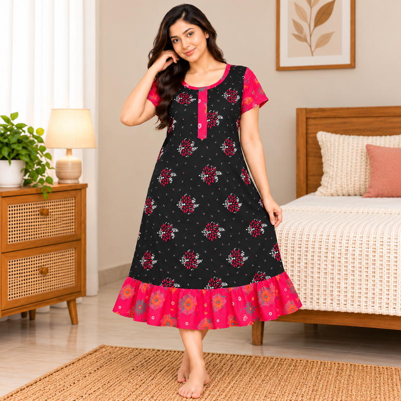 Veni’s Dark Navy Blue Cotton Frock Nighty with Front Open Zip