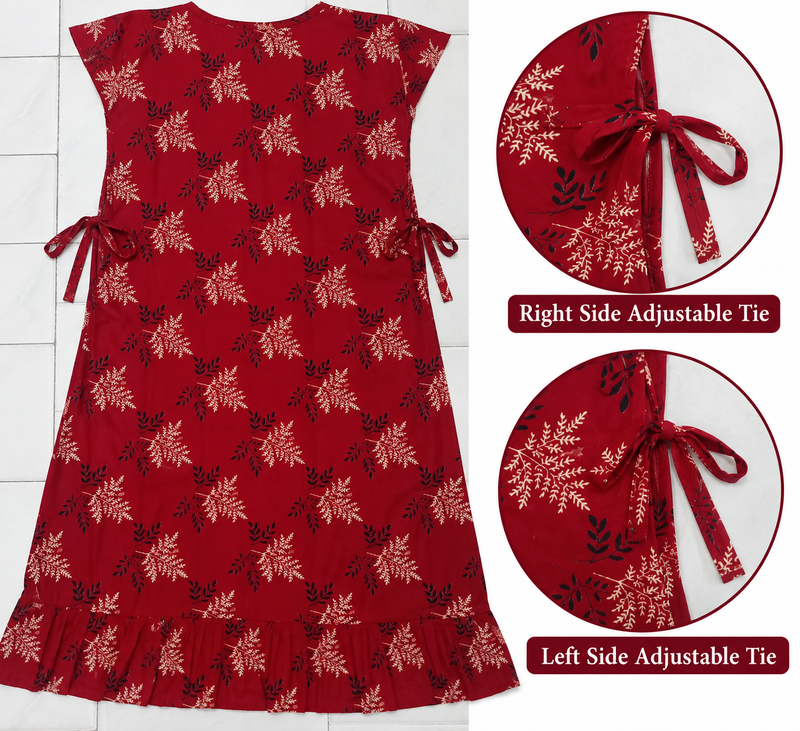 Luxmi Floral Printed Frock Nighty with Side Adjustable Ties – Maroon Red