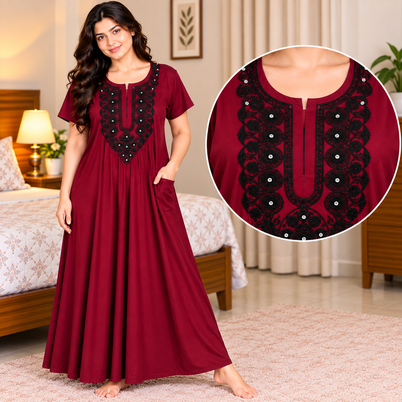 Women’s Maroon Nighty with Black Embroidered Neckline & One Side Pocket
