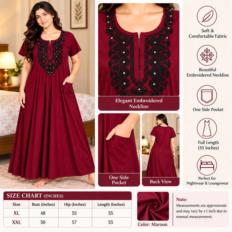 Women’s Maroon Nighty with Black Embroidered Neckline & One Side Pocket
