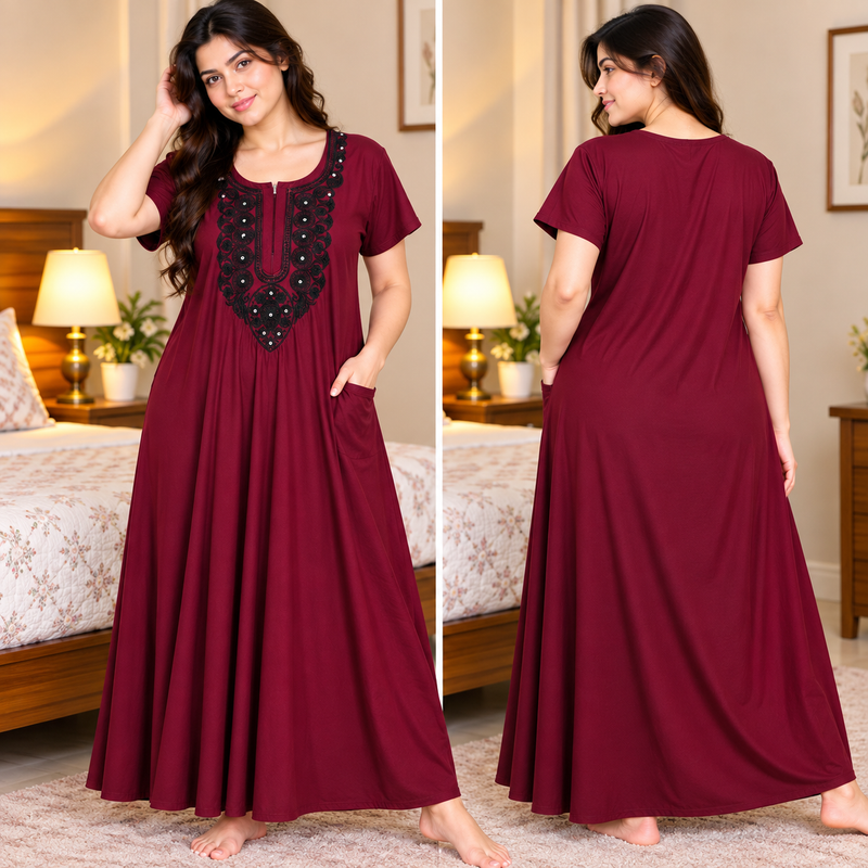 Women’s Maroon Nighty with Black Embroidered Neckline & One Side Pocket