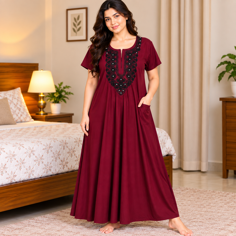 Women’s Maroon Nighty with Black Embroidered Neckline & One Side Pocket