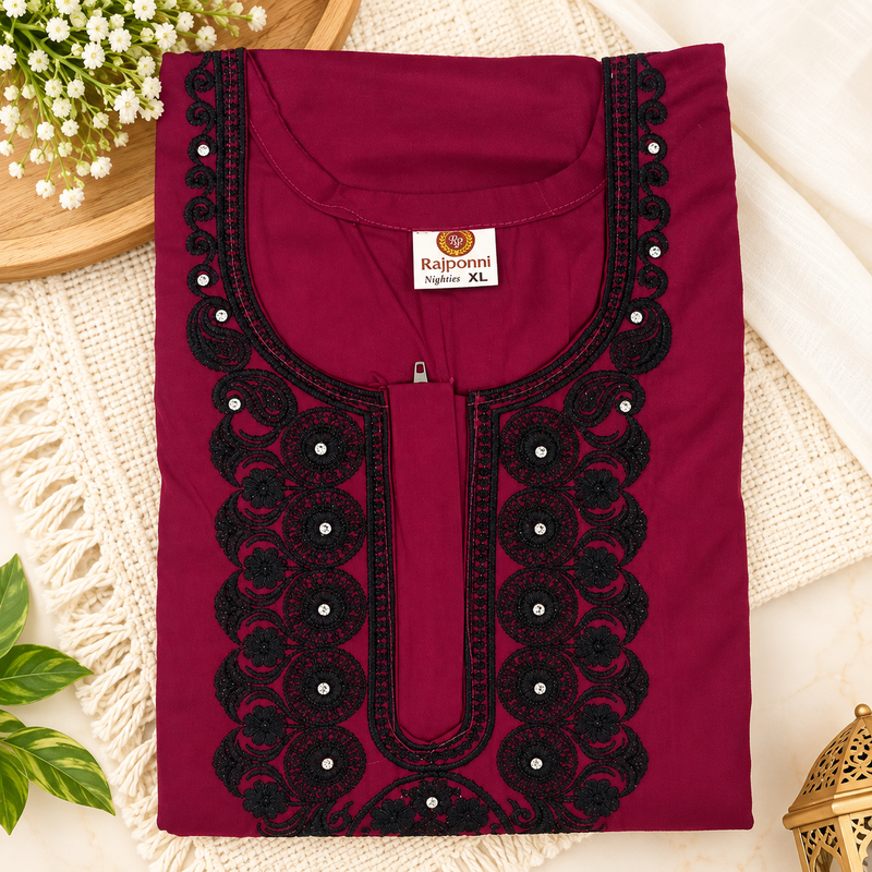 Women’s Maroon Nighty with Black Embroidered Neckline & One Side Pocket