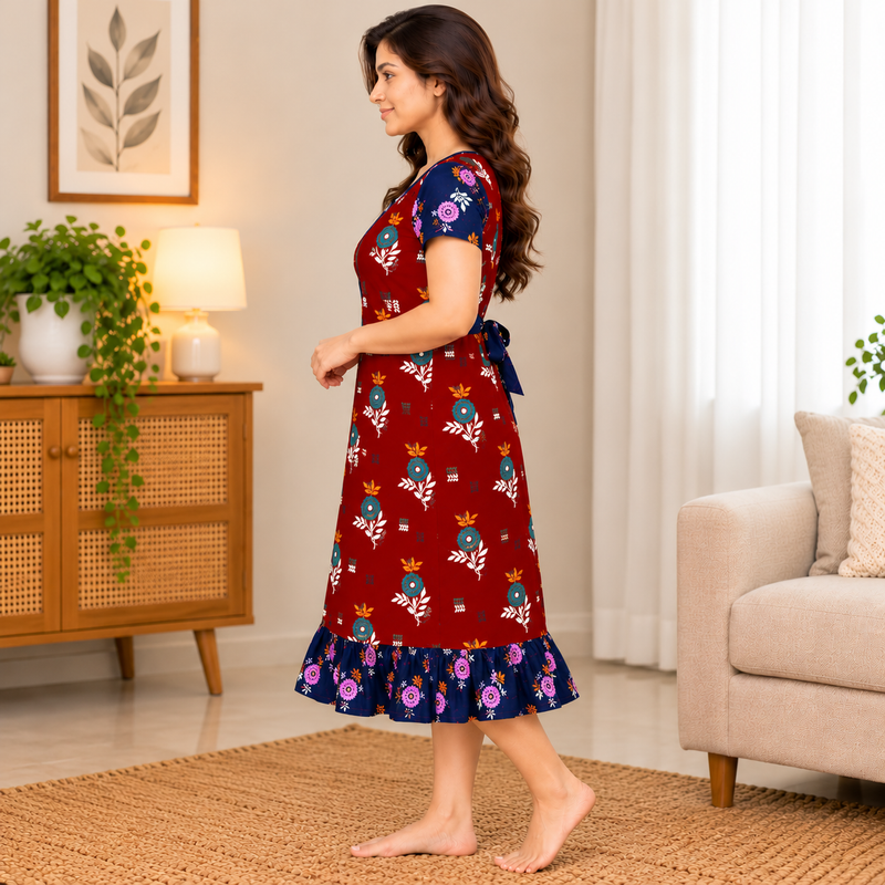 Veni’s Dark Red Floral Printed Cotton Frock Nighty with Front Zip