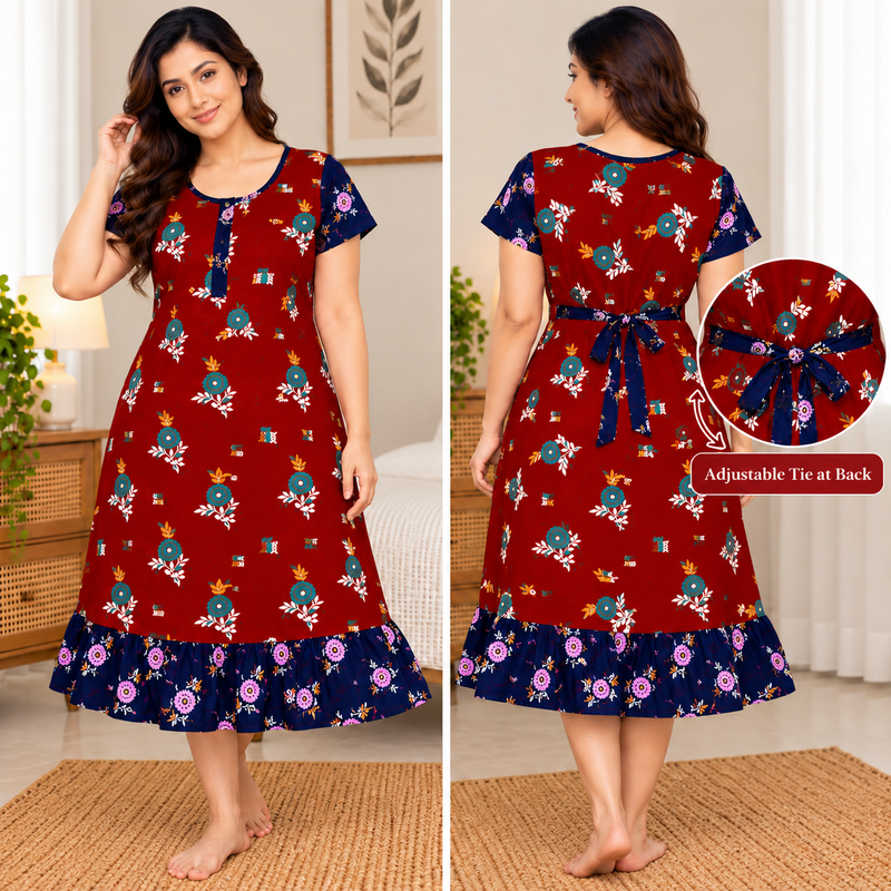 Veni’s Dark Red Floral Printed Cotton Frock Nighty with Front Zip